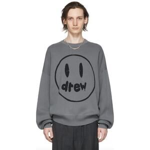 Drew House Men's Gray Painted Mascot Crewneck Sweater Size XXL Smiley Face